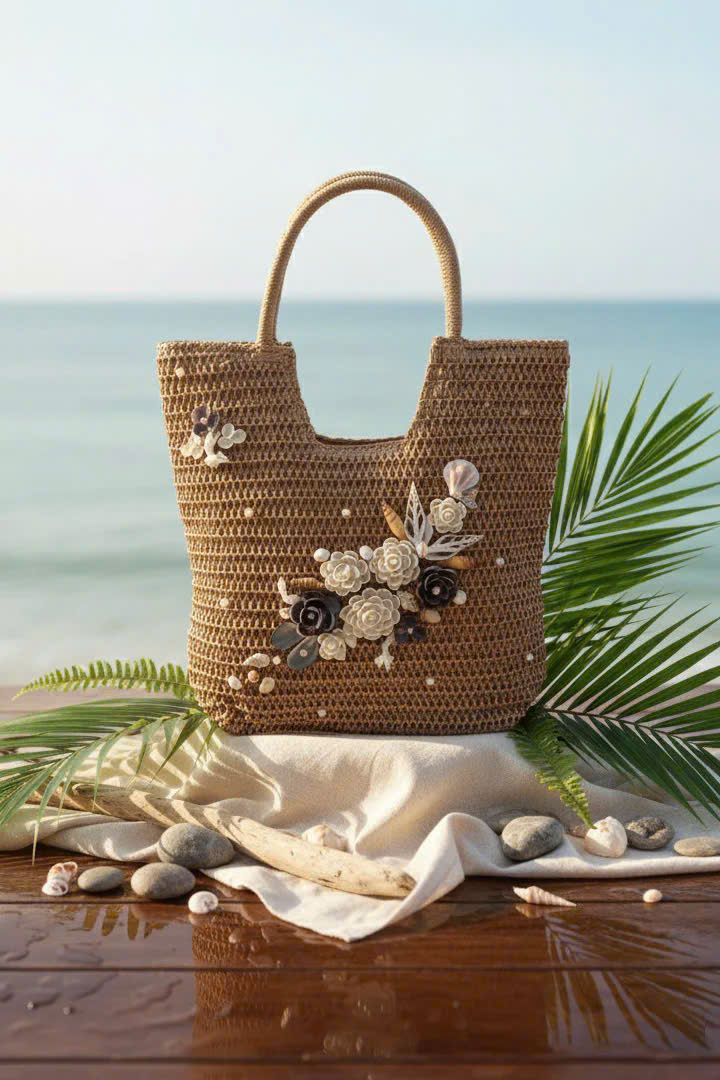 Giỏ Cói Giấy Mềm Dáng Tote Gắn Vỏ Sò, Giỏ Cói Tote Lan Châu ACC142