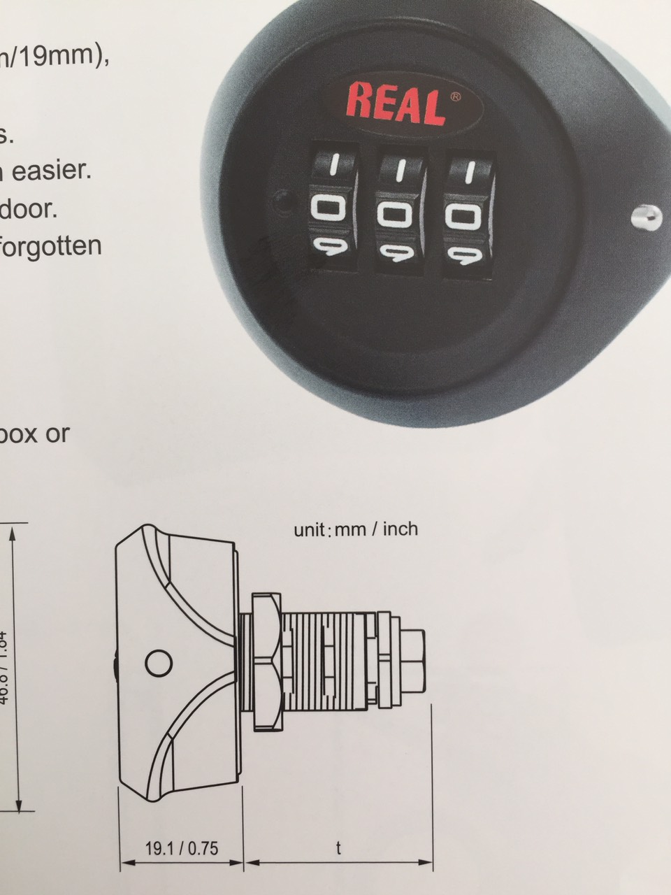 RL9047-07 Khóa tủ sắt mật mã Real 3 mã dài 22mm thích hợp cho tủ dày dưới 15mm có nút thay mã đầu khóa vừa là tay vặn