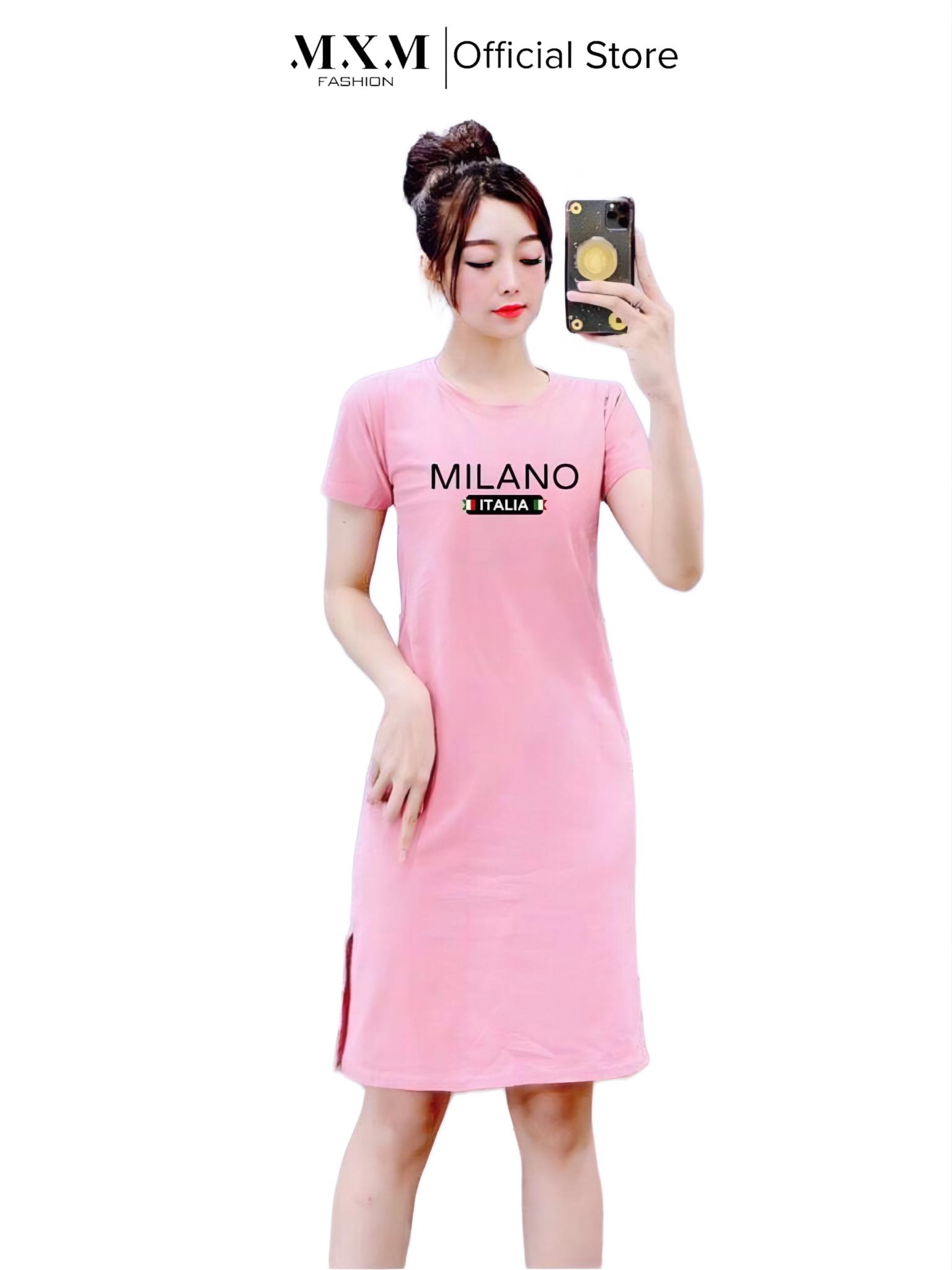 Đầm thun dáng suông xẻ tà in chữ Milano dễ thương thun cotton 4 chiều từ 40-55kg ( D166 )