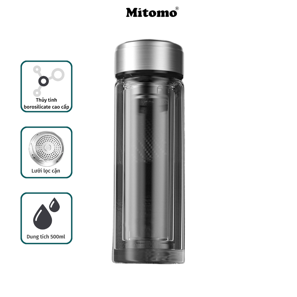 Bình giữ nhiệt thủy tinh 2 lớp chắc chắn, bình thủy tinh pha trà Mitomo BGH - 0505 500ml - Hàng chính hãng