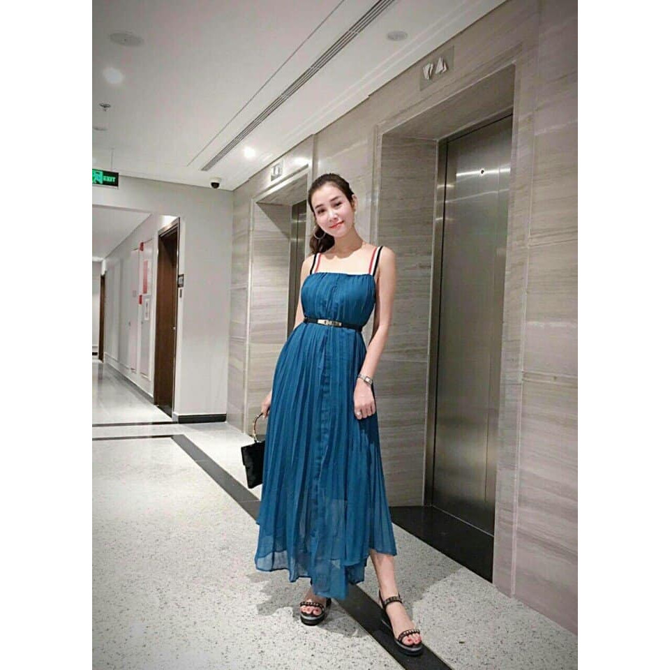 Đầm maxi voan xanh hai dây dập ly siêu xinh