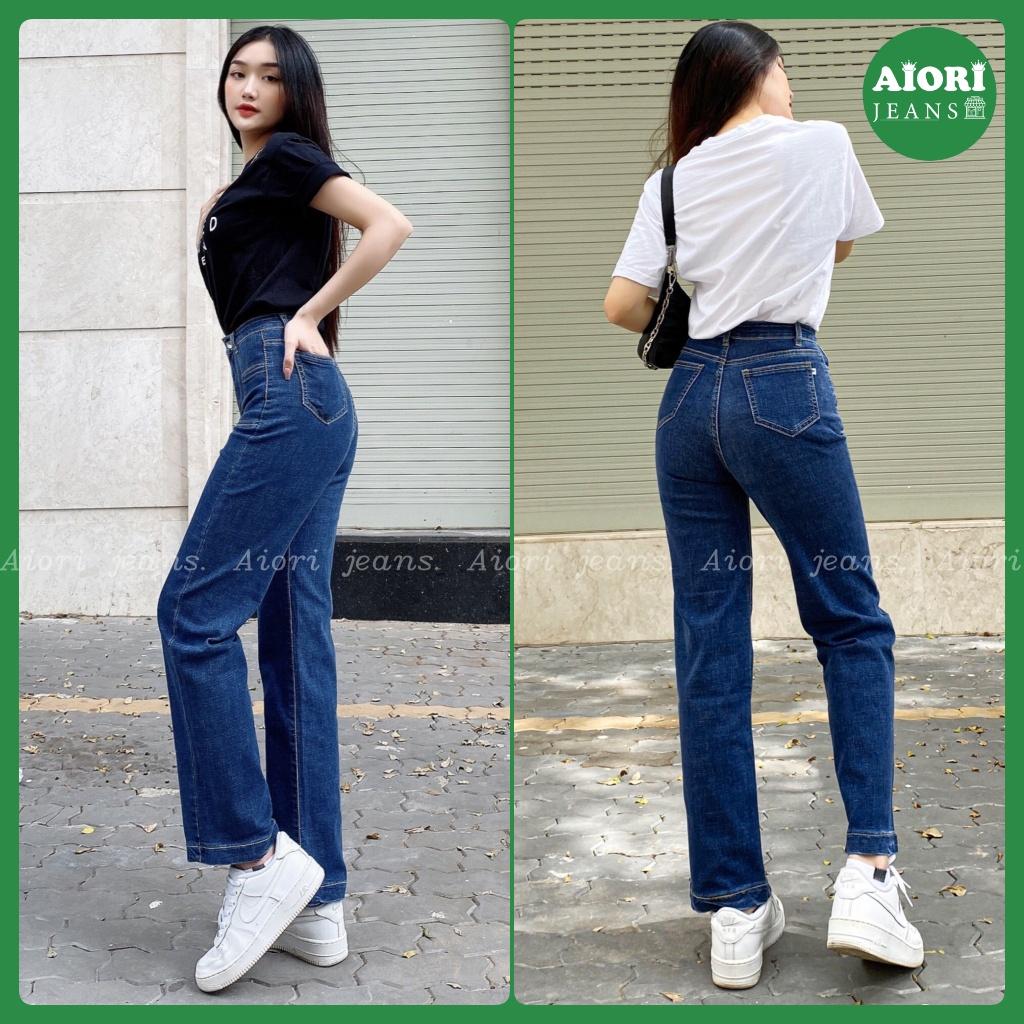 Quần Jeans Nữ AIORI Ống Suông Đứng Nắp Túi Dáng dài chất bò jean cao cấp co giãn mềm mịn thời trang 4 mùa Mã E002 - Xanh Đậm, Xanh Đậm