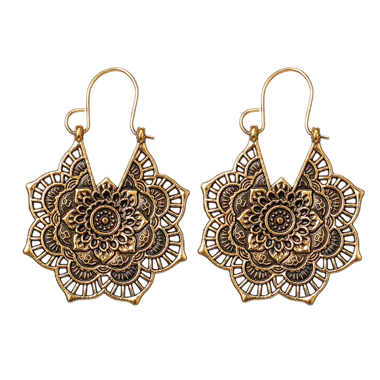 Women Ethnic Earrings Mandala Flower Retro Style Boho Tribal Ear Jewelry Gold