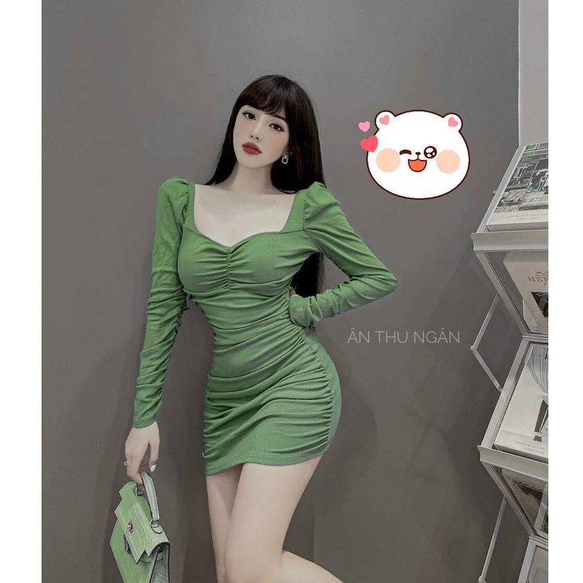 Đầm hotgirl body thun cổ vuông nhún ngực sang chảnh