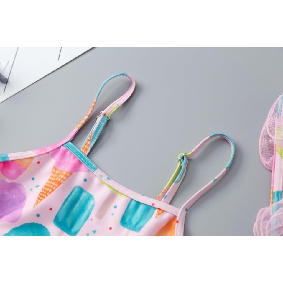 Bikini,bộ bơi bé gái liền thân phối ren kèm mũ xinh xắn