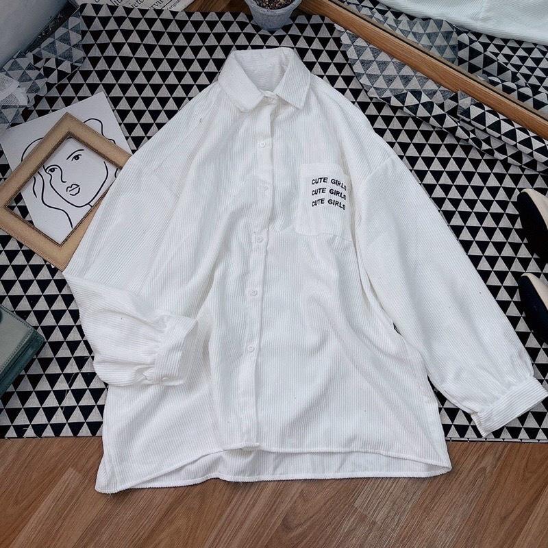 Áo Sơ Mi NHUNG GÂN TĂM THÊU CUTE GIRLS Form rộng Unisex Nam/Nữ Phong Cách Hàn Quốc Ulzzang NUPAKACHI