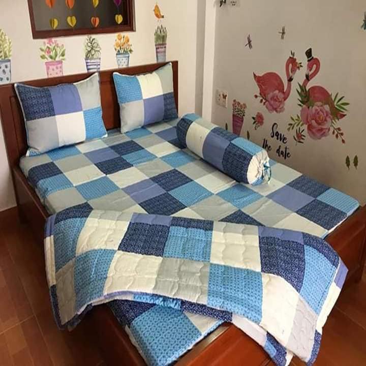 Bộ chăn ga coton  100% tl  ô vuông xanh