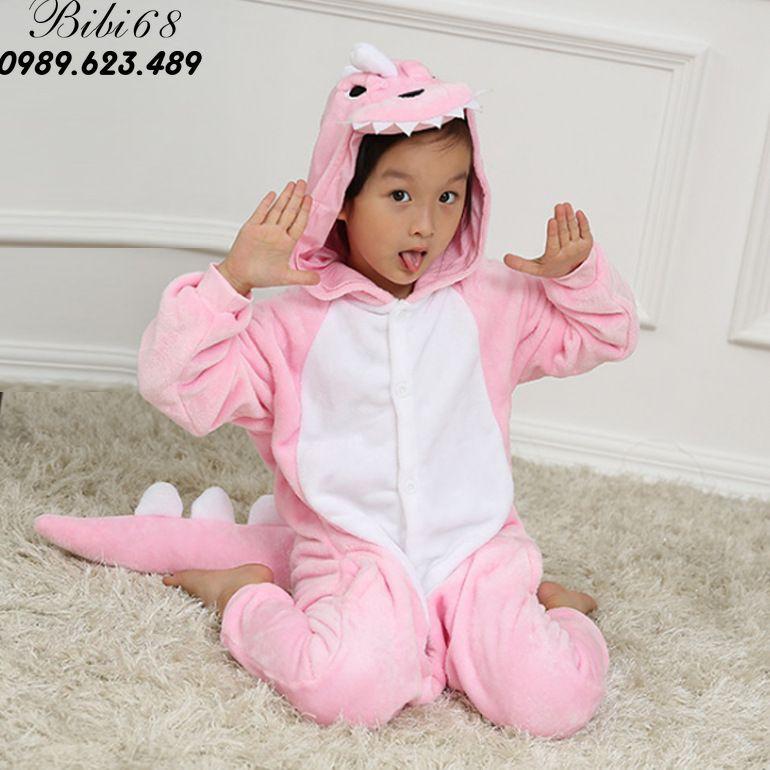 Bộ Đồ thú khủng long hồng liền thân lông mịn Pijama dành Cho Người Lớn và Trẻ Em kiểu dáng Động Vật Hoạt Hình Cosplay