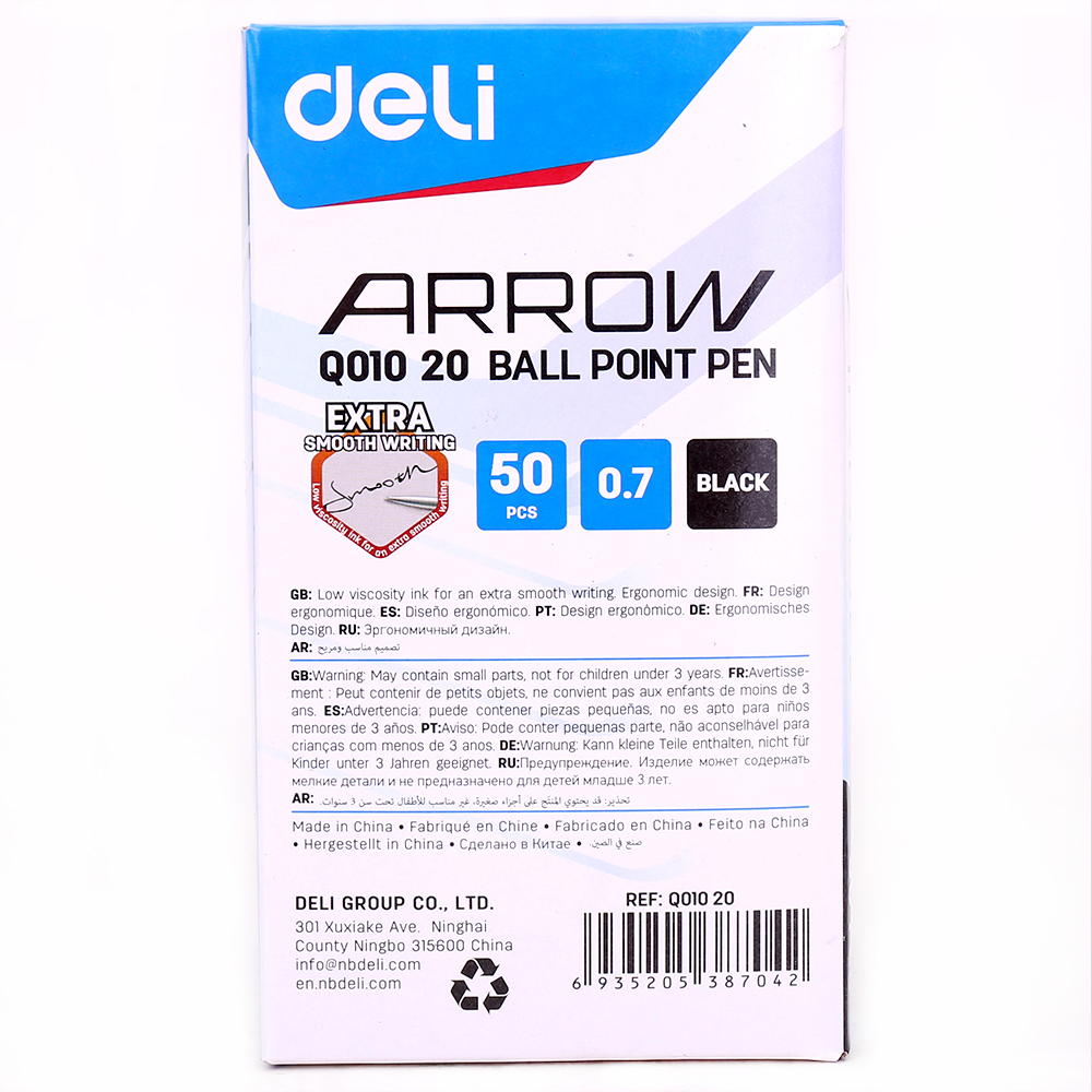 Hộp 50 Cây Bút Bi Dầu Nắp Đậy Arrow 0.7mm Deli EQ01020 - Đen