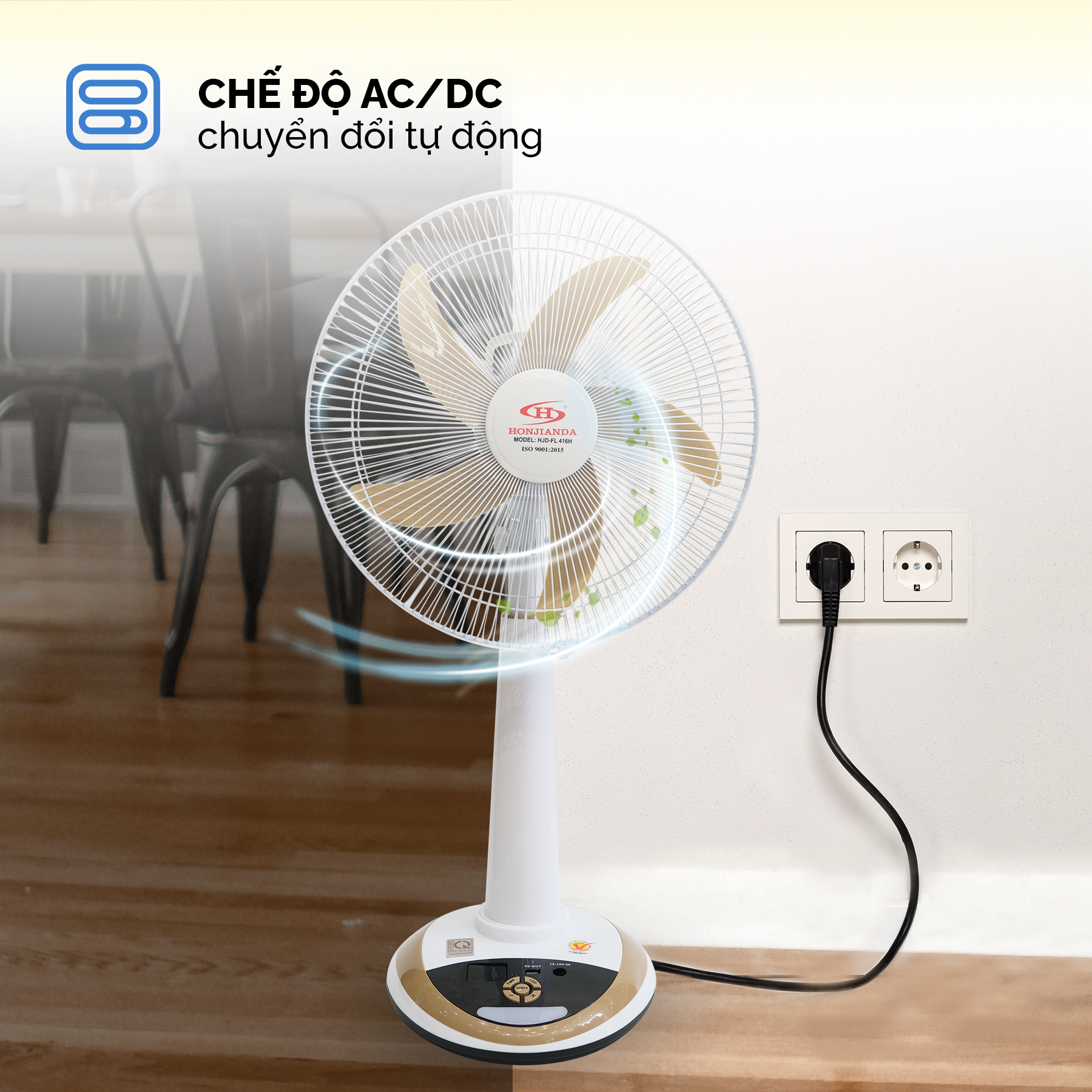 Quạt Sạc Tích Điện 16 Inch Honjianda HJD-FL416H Tích Hợp Đèn LED Và Cổng Sạc USB - Màu Ngẫu Nhiên - Hàng Chính Hãng