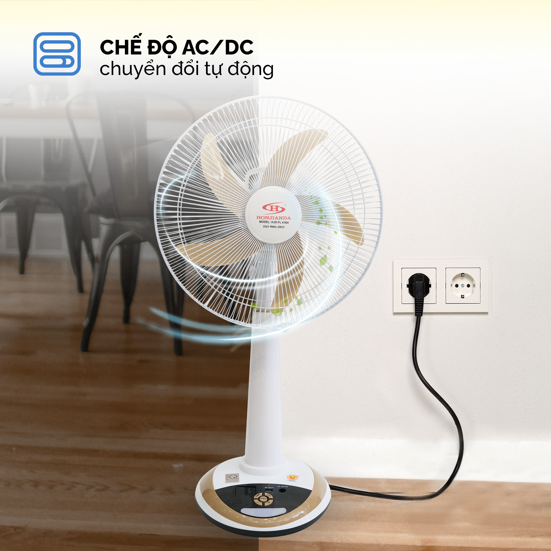 Quạt Sạc Tích Điện 16 Inch Honjianda HJD-FL416H Tích Hợp Đèn LED Và Cổng Sạc USB (2 Bình Ắc Quy Khô) - Màu Ngẫu Nhiên - Hàng Chính Hãng