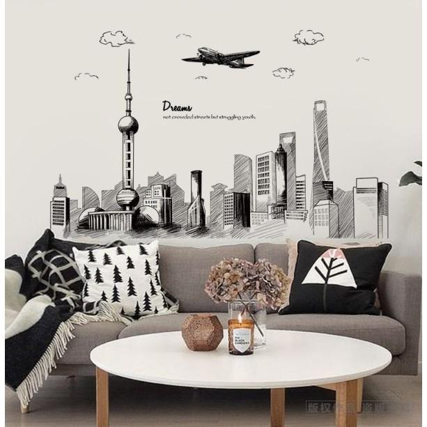 Decal trang trí tường - Thành Phố Tranh Vẽ Đen Trắng size lớn