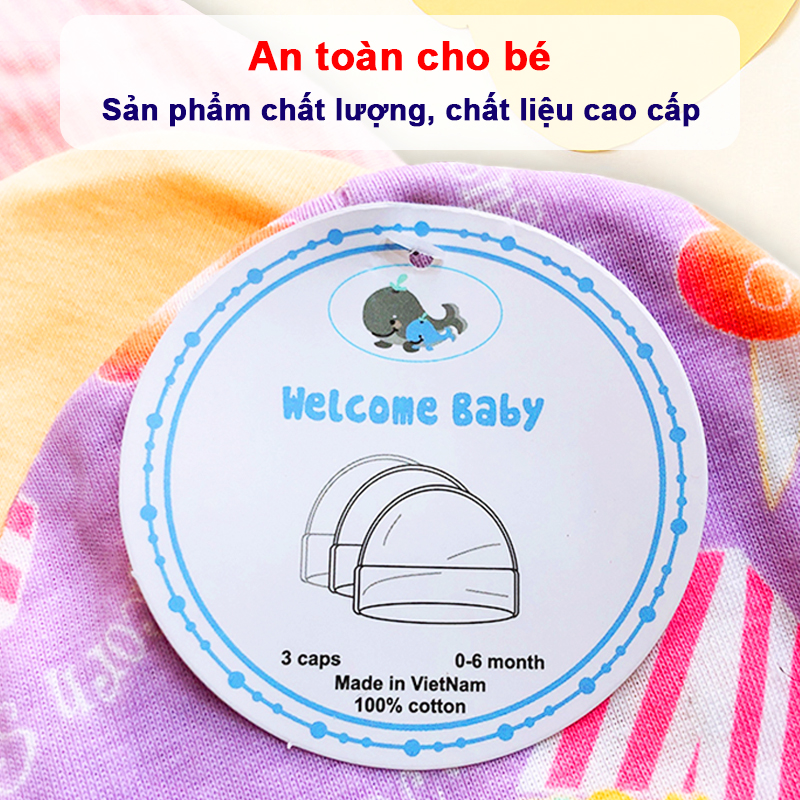 Set 3 nón mũ sơ sinh cho bé trai và bé gái từ 0-6 tháng tuổi chất thun cotton dày nhiều họa tiết – SS004