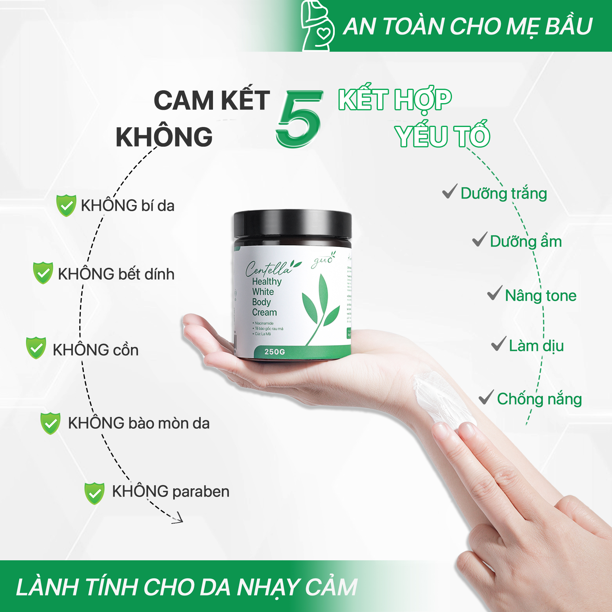 KEM BODY DƯỠNG TRẮNG MỊN DA RAU MÁ, NÂNG TONE TỨC THÌ, MỜ SẠM, THẨM THẤU NHANH - Centella Healthy White Body Cream GUO