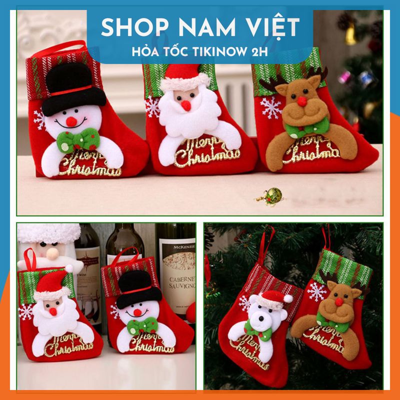 Vớ Nhung Đỏ Thêu Chữ Merry Christmas Trang Trí Cây Thông Noel Giáng Sinh