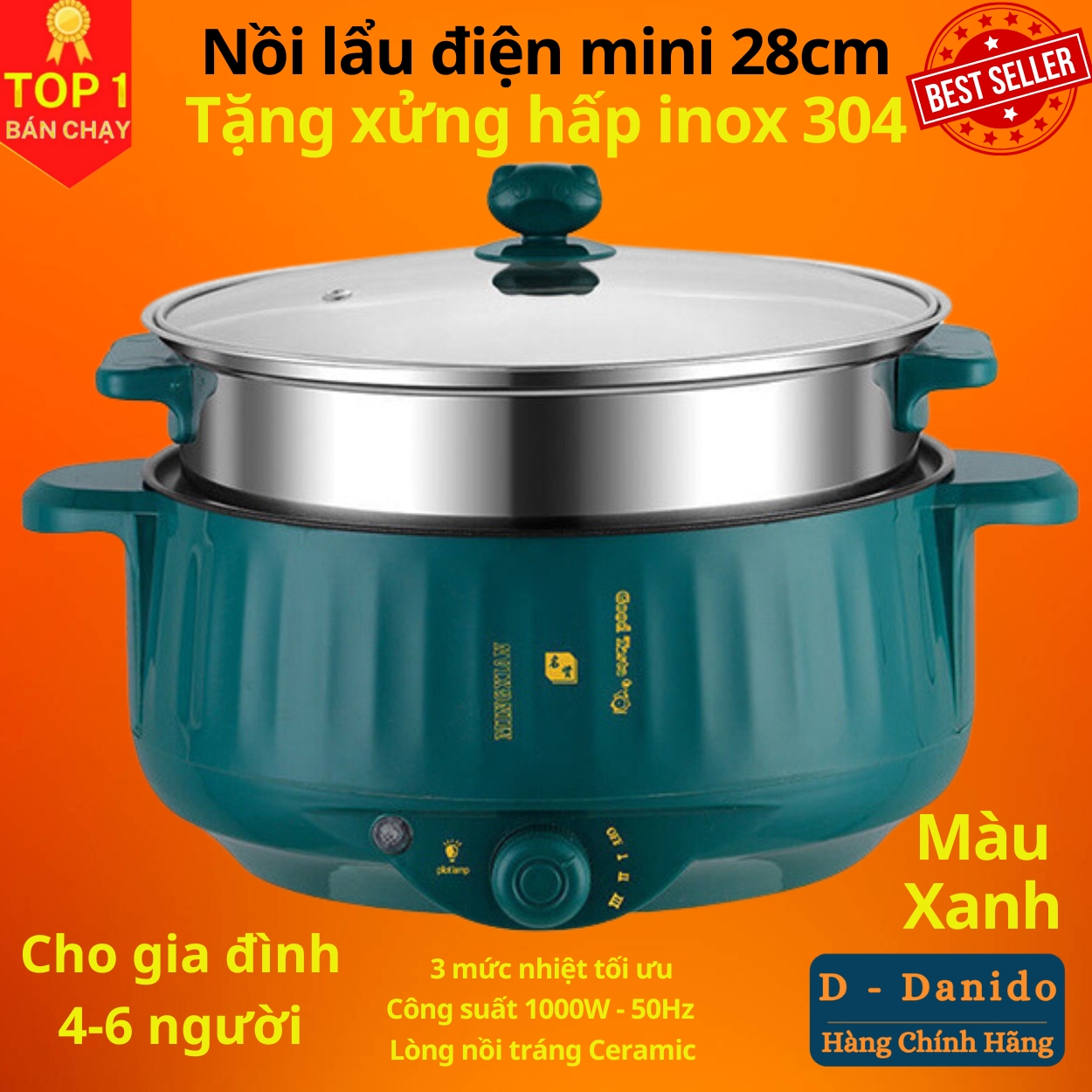 Nồi lẩu điện mini đa năng 28cm, chống dính vân đá cao cấp công suất 1000W tiện dụng 3 nấc nhiệt kèm giá hấp inox 304 - Hàng chính hãng D Danido – Logo ngẫu nhiên