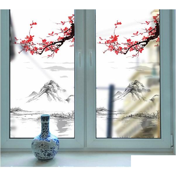Decal dán kính cao cấp - Phong Thủy Núi Sông kết hợp Mai Đỏ