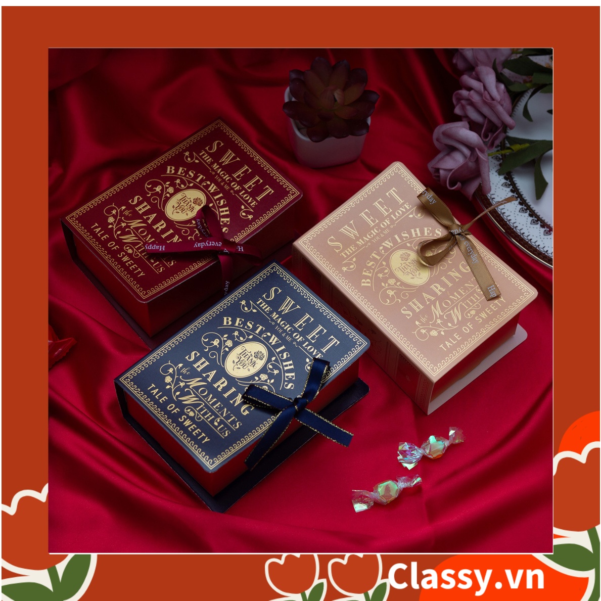 - Hộp giấy đựng quà tặng gắn ruy băng hình cuốn sách cổ điển Q762