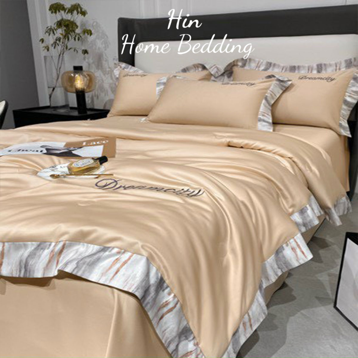 Bộ Chăn Ga Gối Đệm 5 Món Chăn Phao Lụa Thái Hin Home Bedding Mẫu Vàng