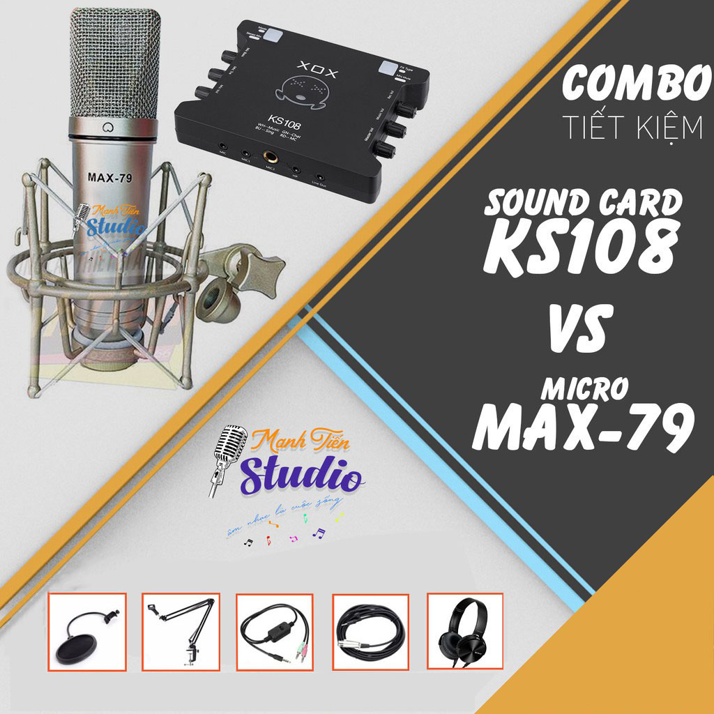 Combo thu âm chuyên nghiệp - Soundcard XOX KS108 và micro Max 79 - Tặng full phụ kiện kẹp micro, màng lọc, dây ma2, dây XLR, tai nghe 450p - Chuyên dùng cho phòng thu, hát karaoke online, livestream ... Hàng chính hãng