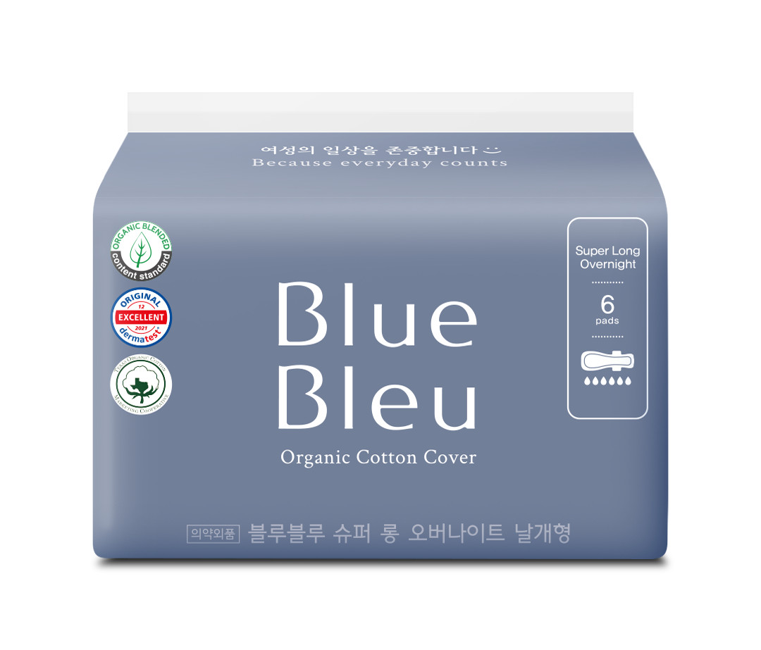 Băng Vệ Sinh Ban Đêm Blue Bleu Từ Sợi Bông Hữu Cơ Và Tinh Dầu Cây Bách Mỏng, Có Cánh