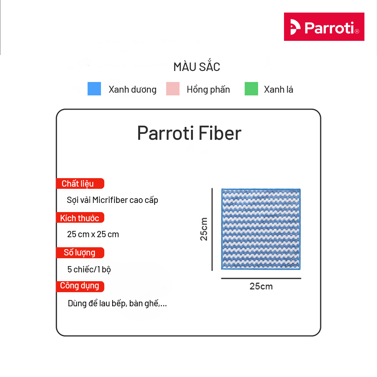 Combo 5 Khăn Lau Bếp, Lau Kính Siêu Thấm Hút Parroti - Fiber FB02