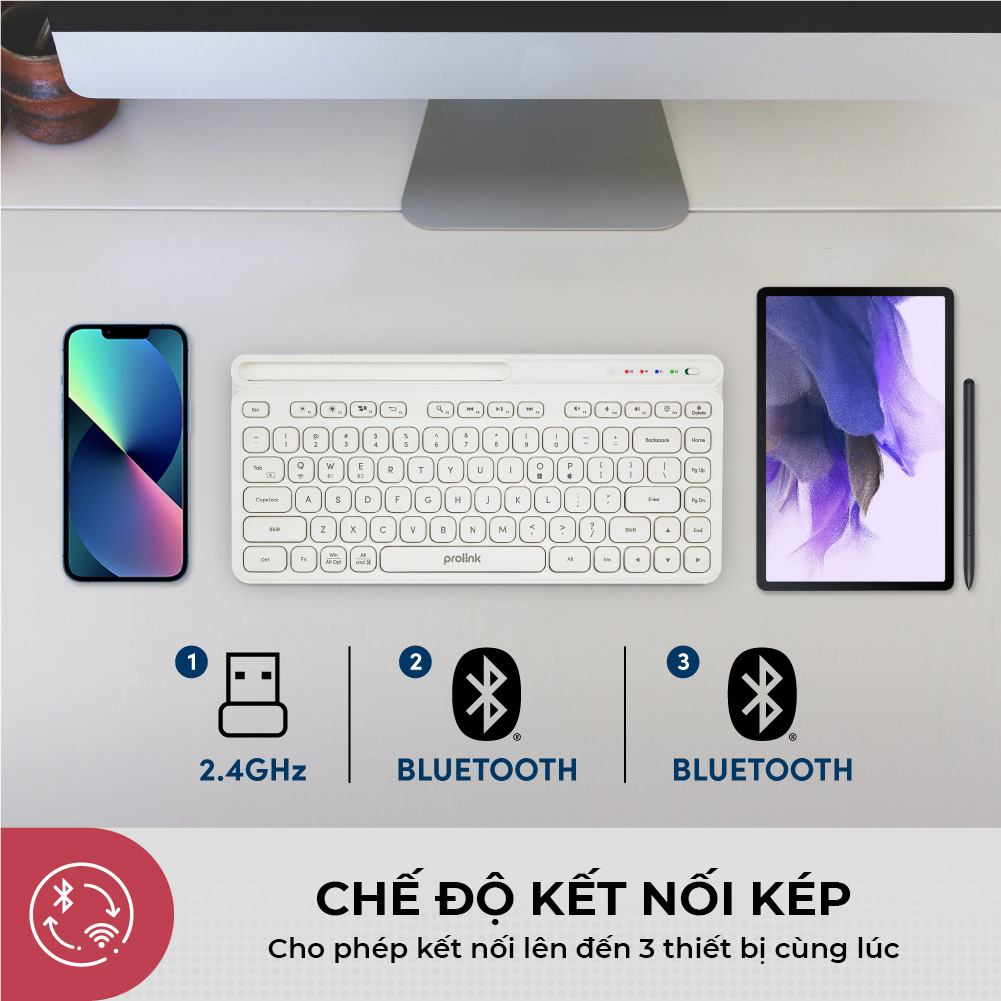 Bàn phím không dây Bluetooth + Wireless PROLiNK GK5001M, nhỏ gọn, kết nối đa thiết bị Windows/Android/MacOS/iOS - Hàng chính hãng