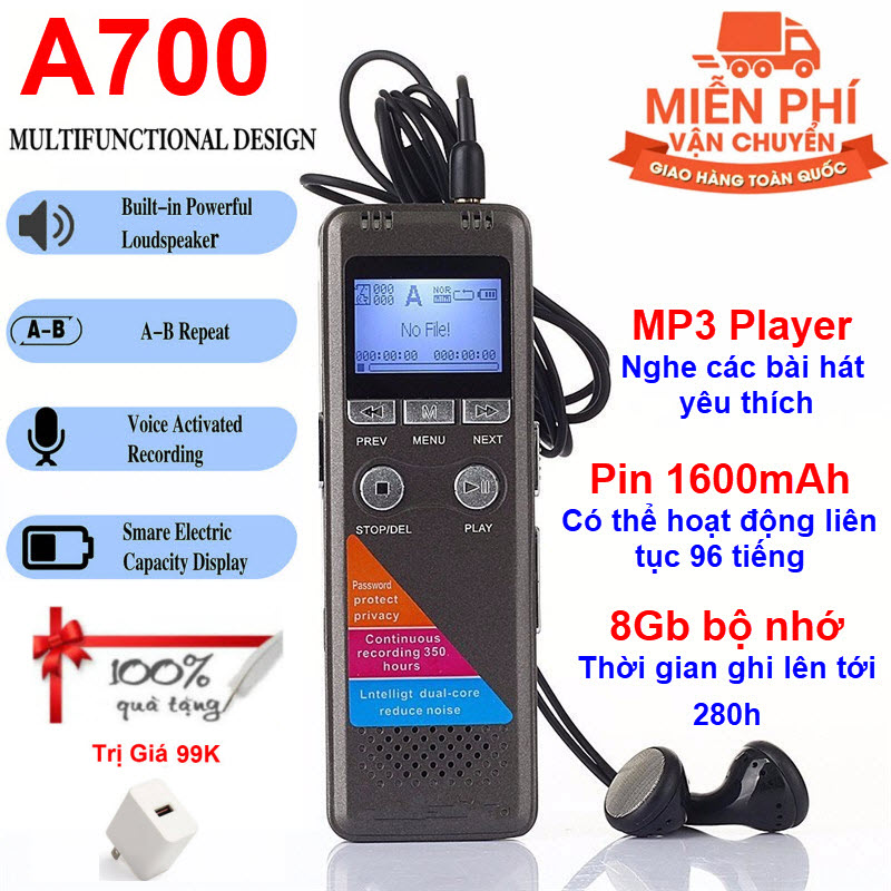 Quà Tặng Kèm - Máy Ghi Âm, Thiết Bị Ghi Âm Cao cấp GH700 Pin Trên 300h Hỗ Trợ 2 Micro Ghi Âm. MP3 Player, Built-In Stereo Microphones, Direct USB, Voice Balancer, Noise Cancel, Simple Mode, Intelligent Auto Mode 8GB Memory Hàng Chính Hãng
