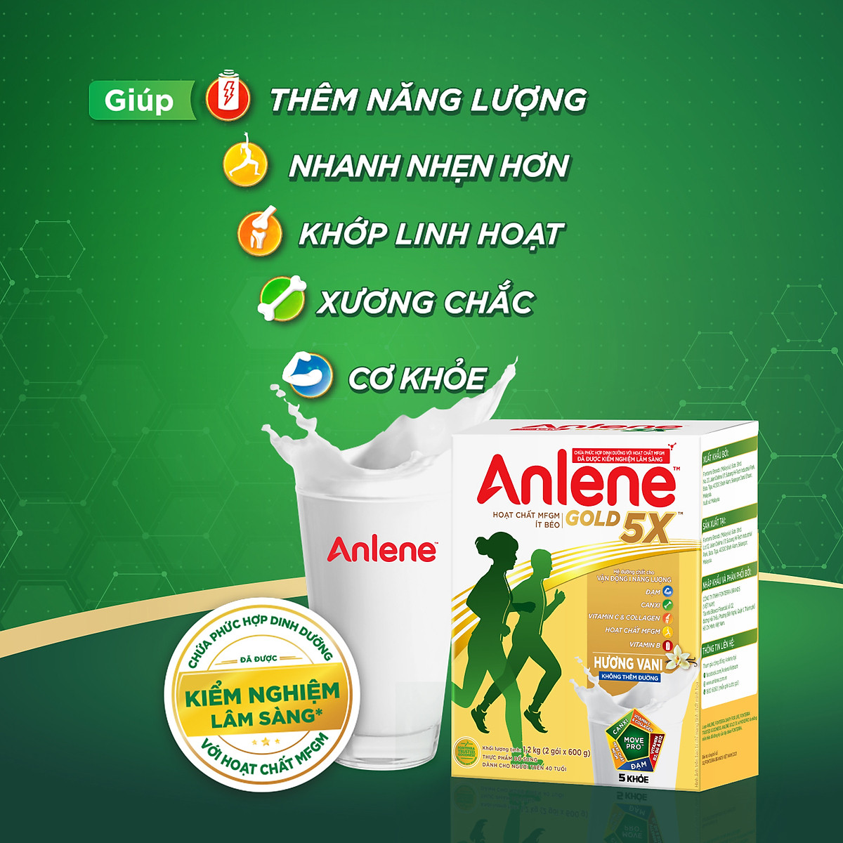 Combo 02 Sữa Bột Anlene Gold 5X Hương Vanilla (Hộp giấy 1200g) - Tặng ấm đun Điện Quang