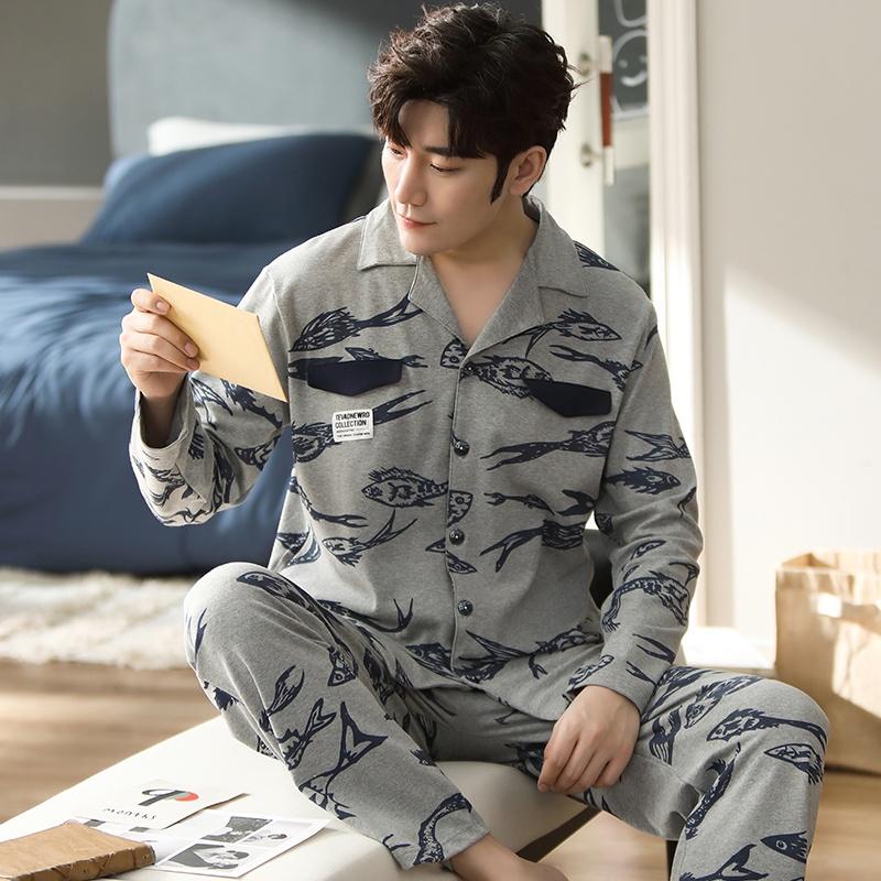 2228 - Bộ Pijama nam dài tay cao cấp màu ghi phối họa tiết hình con cá độc đáo, vải cotton 100% mềm thoáng, size L-3XL