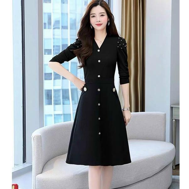Đầm váy nữ dự tiệc sơ mi ôm body tay lững đính nút đen sang trọng quý phái