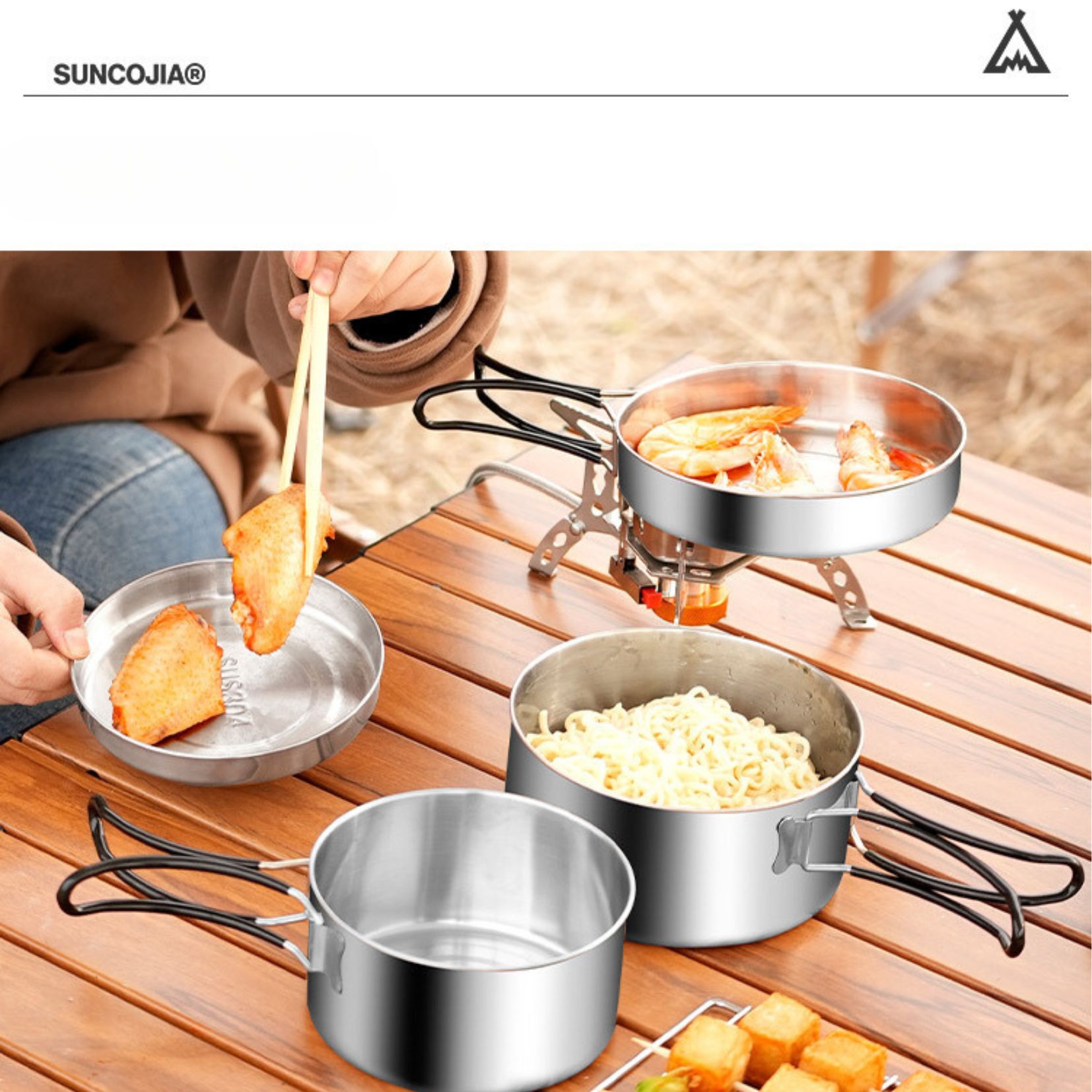 Bộ nồi gấp gọn dã ngoại Inox 304 Suncojia, bộ nồi cắm trại camping an toàn dễ mang theo