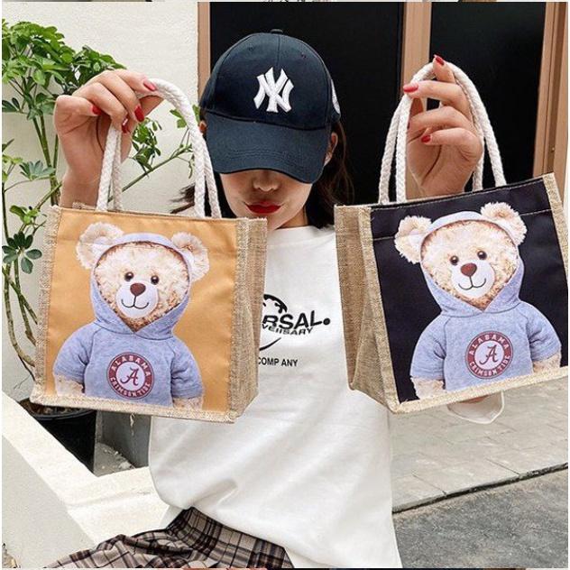 Túi Vải Cói,Khóa kéo 2022 phiên bản mới của Hàn Quốc túi nữ in Họa Tiết Gấu thời trang Trương Gia 05