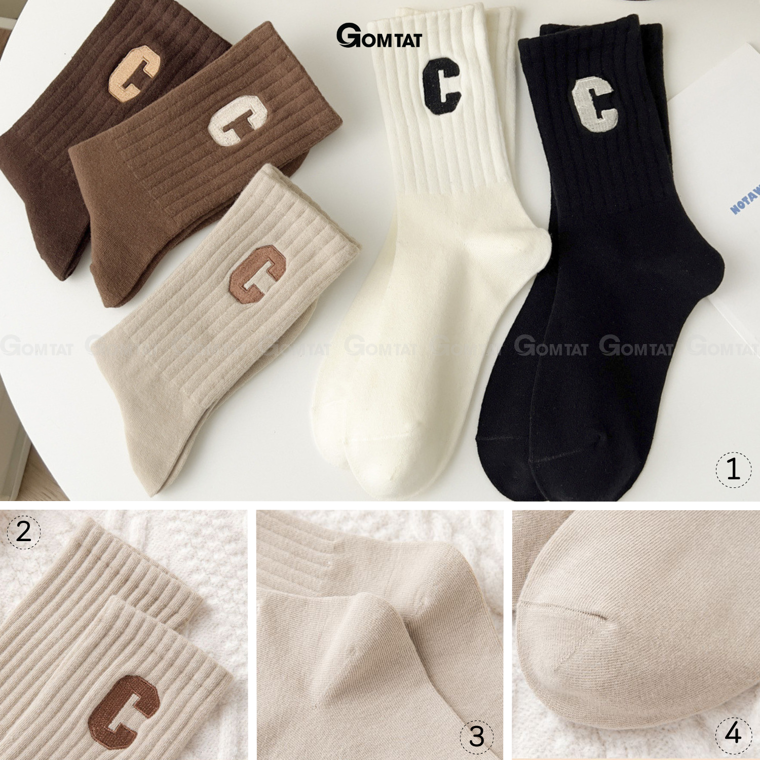 Tất vớ nữ cổ cao cao cấp GOMTAT mẫu chữ C, chất liệu cotton mềm mại, thấm hút, thoáng khí - PO-COCAO-C-3012-1DOI