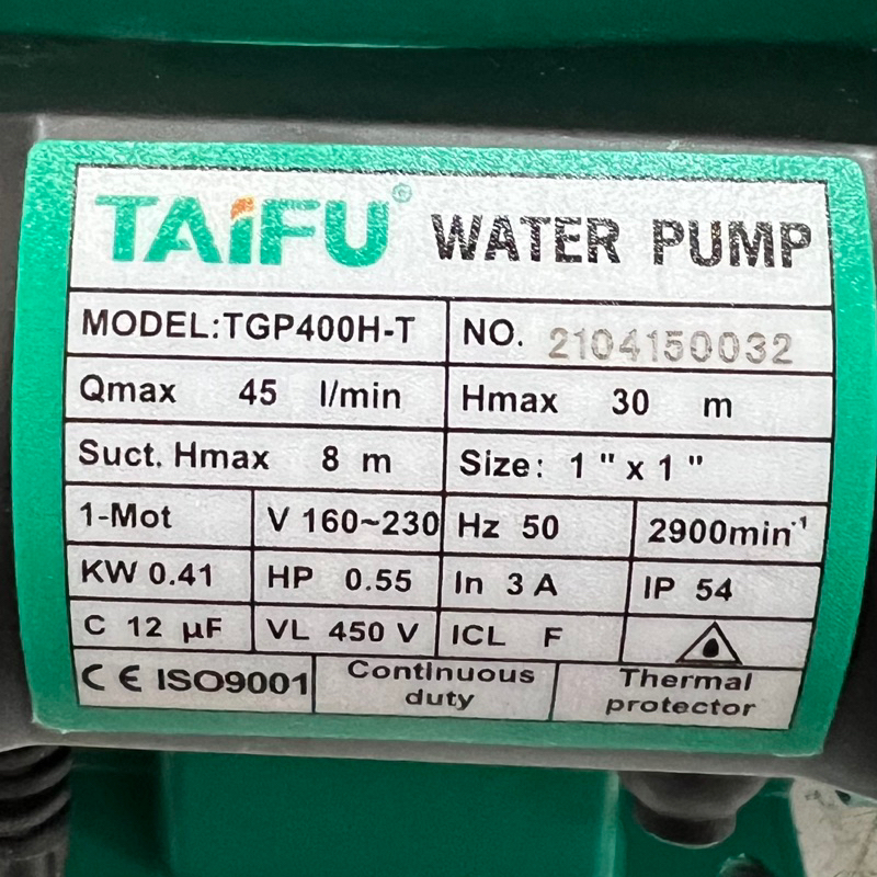 Máy bơm nước nóng chân không tự mồi 410W (0.75HP) cánh đồng TAIFU TGP400H-T - Bảo hành 1 năm ( Cam kết hàng chính hãng )