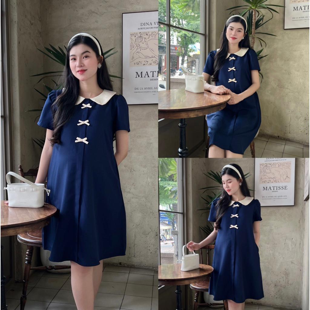 Đầm bầu công sở cổ sen đính 3 nơ dễ thương chất cotton lạnh mềm mịn - Hồng