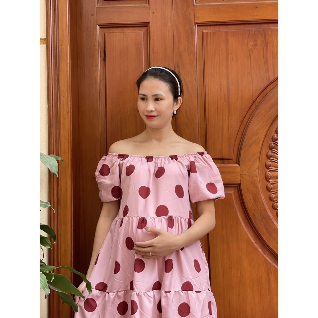 Váy Bầu Trễ Vai Chấm Bi Hồng siêu xinh mặc ở nhà mặc đi chơi V270
