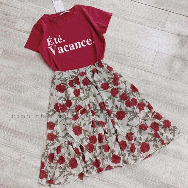 Set áo thun in chữ mix chân váy hoa xoè sale - Đỏ,M