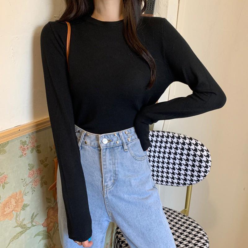 Áo Thun Tay Dài Cổ Tròn Màu Trơn Thiết Kế Đơn Giản Dành Cho Nữ