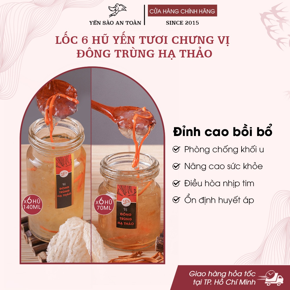 Hộp quà tặng sang trọng 6 hũ Yến chưng sẵn vị VIP Đông Trùng Hạ Thảo ĐẬM ĐẶC YẾN TƯƠI từ Yến Sào An Toàn