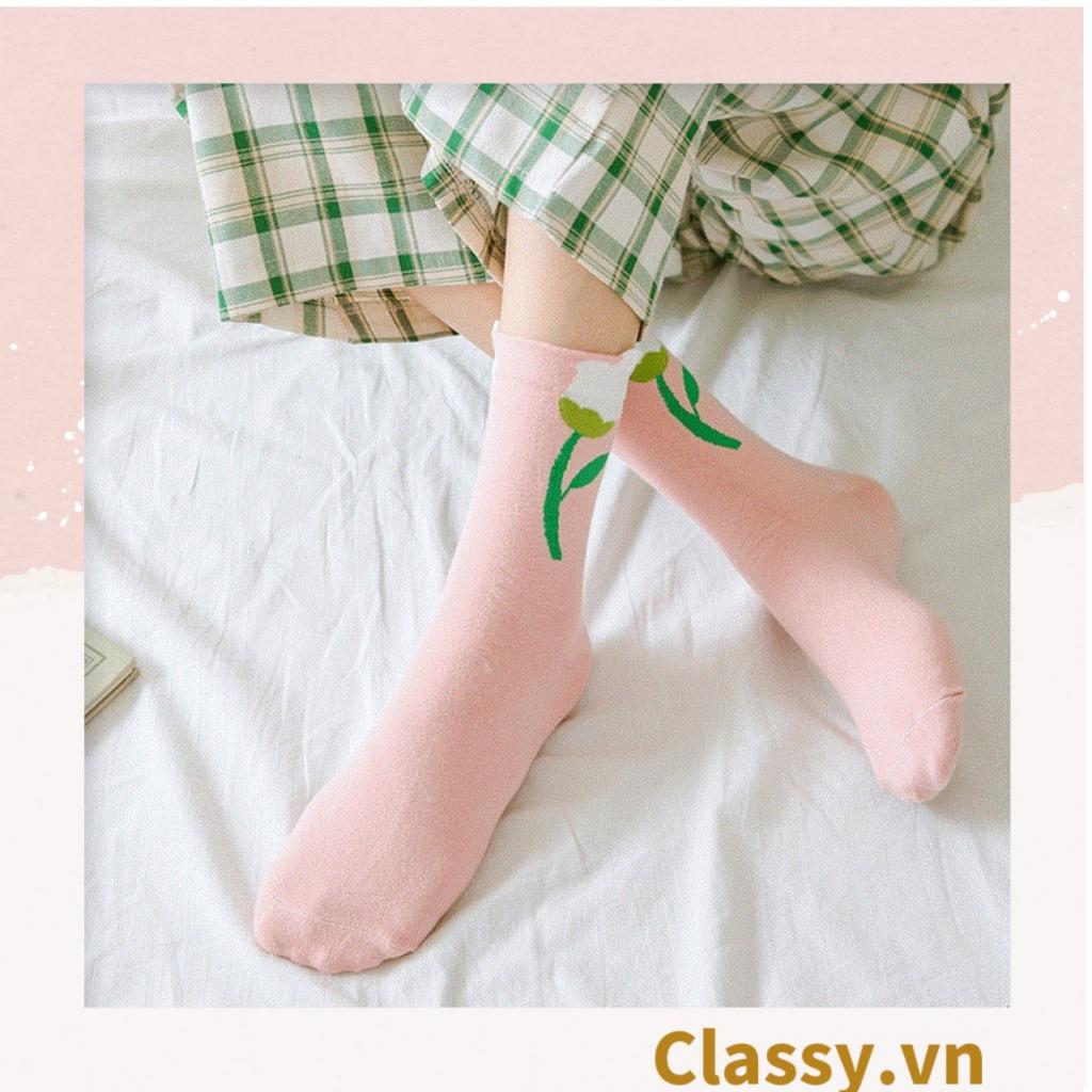Tất cổ cao, vớ cổ cao hoa tulip Classy chất cotton siêu êm G1347