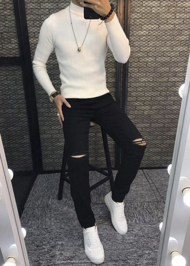 Quần Jean Nam Slimfit Đen rách gối
