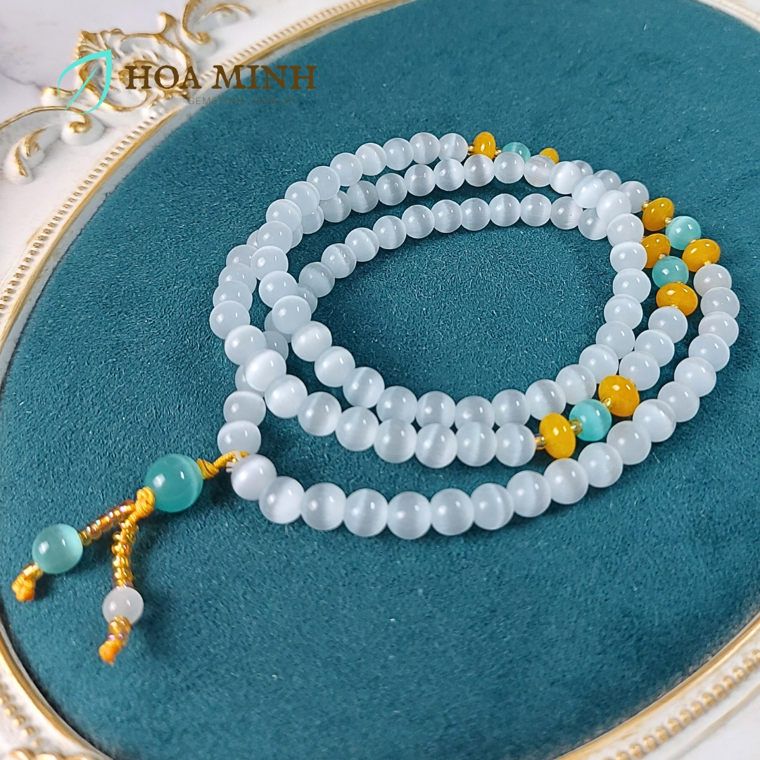 Vòng tay đá Mắt Mèo trắng size hạt 8 li chuỗi 108 hạt phối mắt mèo xanh, hạt bánh xe mã não vàng
