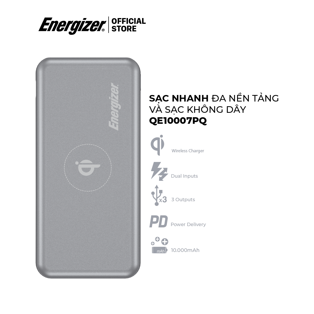 Combo Pin sạc dự phòng Energizer QE10007PQ + Đế sạc không dây WCP105 - HÀNG CHÍNH HÃNG