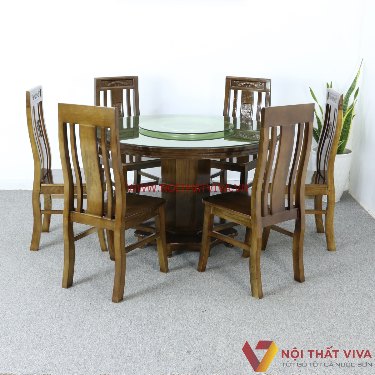 Bộ Bàn Ăn Tròn Mâm Xoay Gỗ Sồi Màu Óc Chó 6 Ghế Đẹp Giá Rẻ