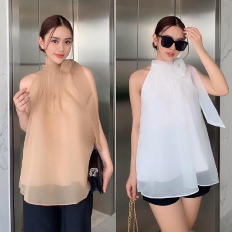Áo voan tơ cổ yếm xếp li cột nơ