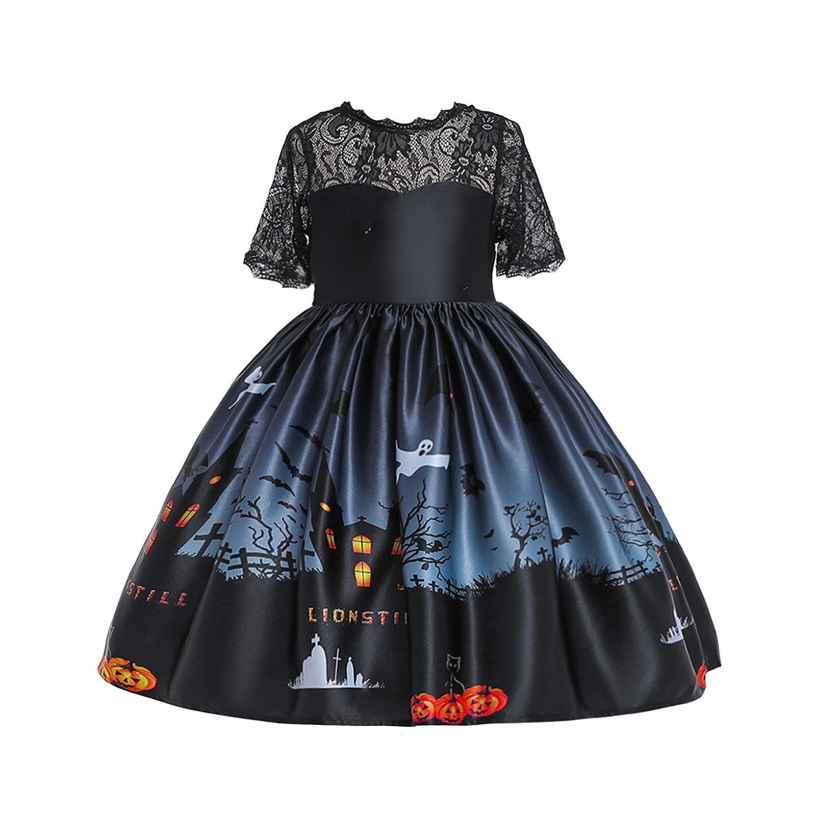 Kids Girls Halloween Costume Dress Pumpkin Skull Printed Fancy Dress Up Cosplay Party Outfits