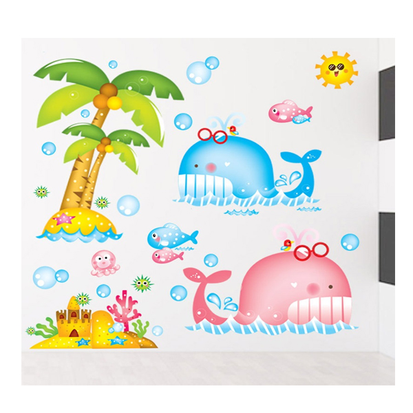Decal Dán Tường Cá Voi Xanh Và Cá Voi Hồng EB247