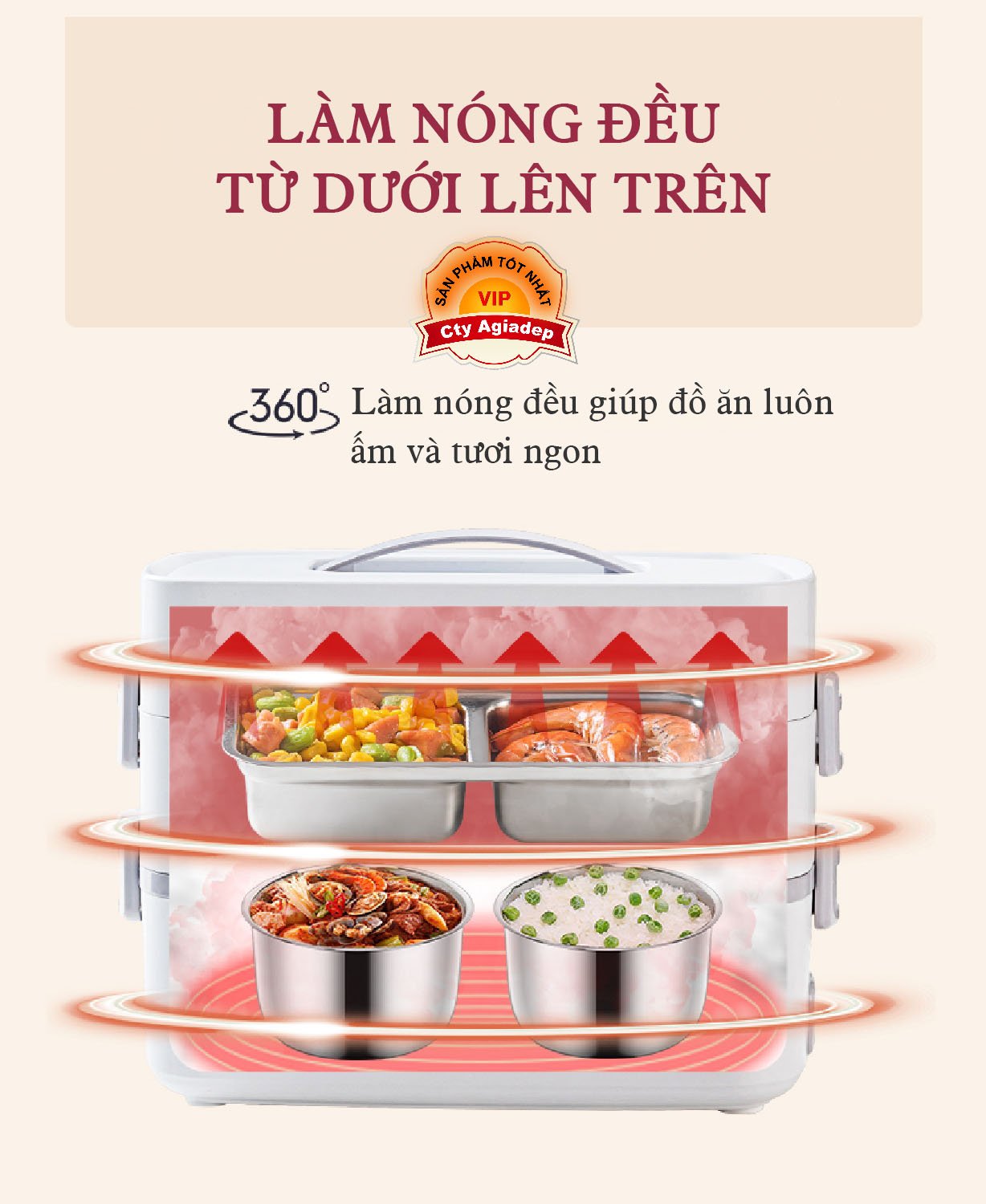 Hộp cơm tự nấu Lenrood 3 thâng 1.8L cao cấp dùng để nấu, hâm nóng và bảo quản đồ ăn.