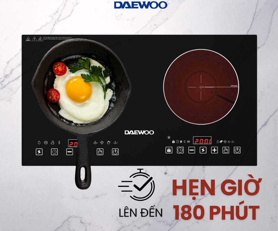 Bếp Đôi Điện Từ Hồng Ngoại Daewoo DWHB-3801C, mặt kính pha lê bóng 3800W, phù hợp mọi loại nồi - Hàng chính hãng